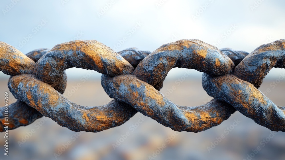 Fototapeta premium Close-up view of twisted wire fence texture against a white background, showcasing detailed rust and pitting on the metal surface, industrial, abstract, texture.