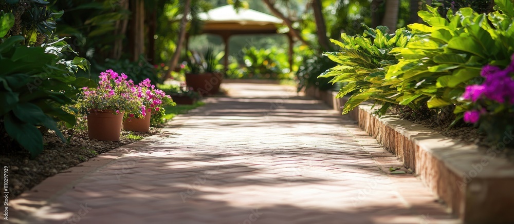 Lush garden pathway lined with vibrant flowers and greenery inviting tranquility and nature's beauty in a serene outdoor setting Lush garden pathway lined with vibrant flowers and greenery inviting tranquility and nature's beauty in a serene outdoor setting