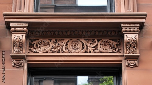 Decorative architectural window detailing with ornate molding and elegant design elements enhancing the exterior faÃ§ade decoration. photo