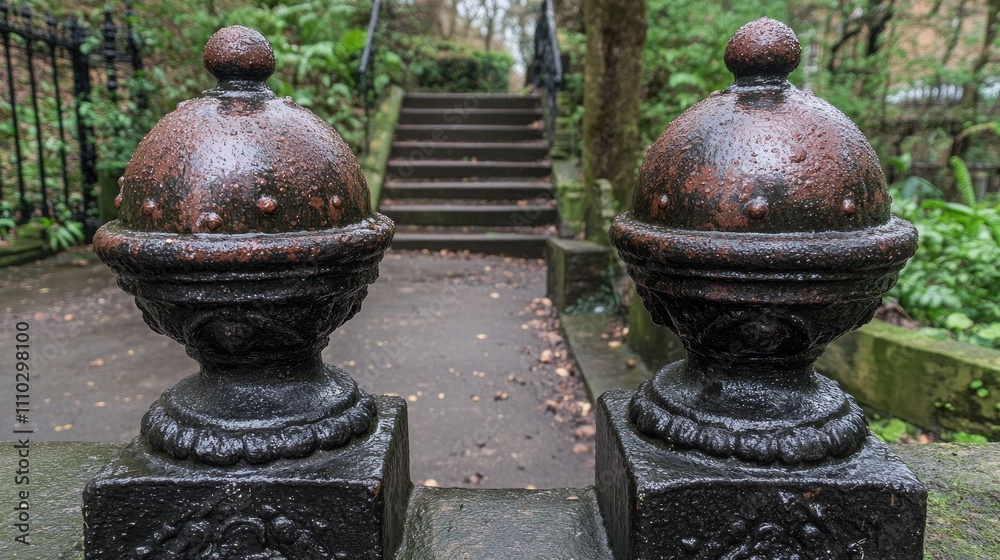 Detailed close-up of water droplets on ornate iron posts with a background of stone steps and lush greenery, highlighting texture and nature, urban decor, outdoor setting. Detailed close-up of water droplets on ornate iron posts with a background of stone steps and lush greenery, highlighting texture and nature, urban decor, outdoor setting.