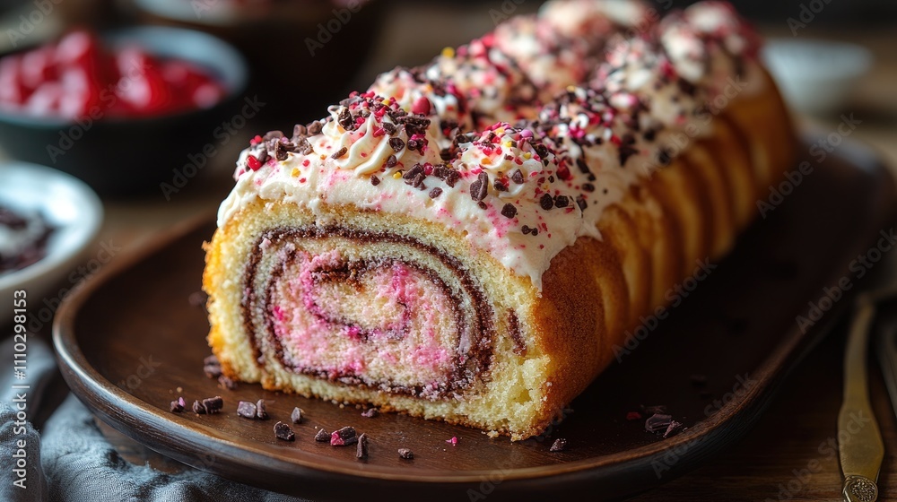 Delightful cake roll with colorful filling and frosting garnished with sprinkles served on a rustic wooden platter.