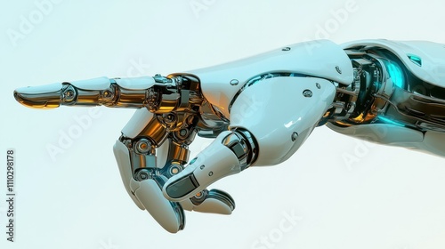 Robot hand in mid-motion, finger pointing outward, smooth mechanical finish, pure white background