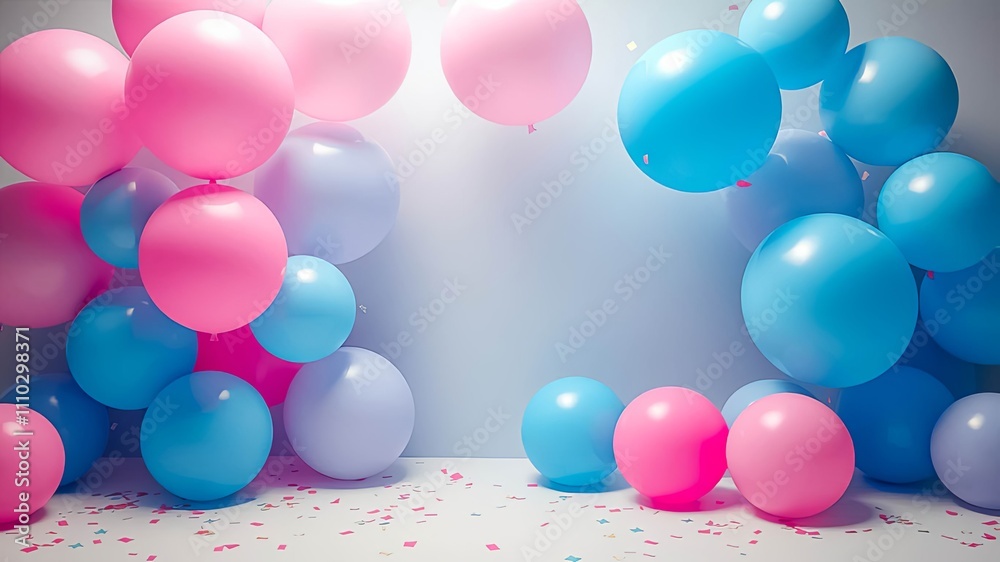 A festive scene with pastel pink and blue balloons and confetti on a light-colored floor. A festive scene with pastel pink and blue balloons and confetti on a light-colored floor.
