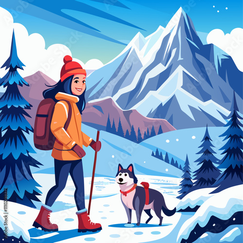 Woman hiking with dog in snowy mountains