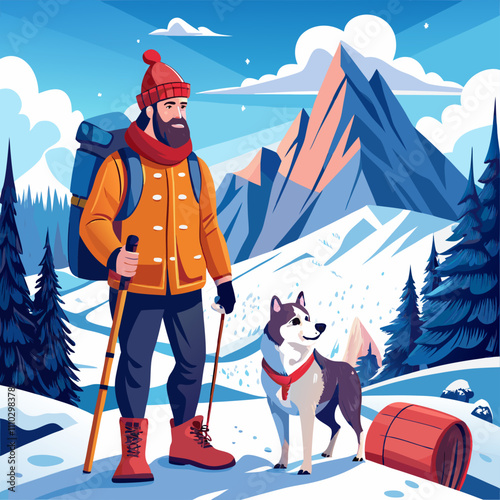 Snowy landscape with hiker and dog