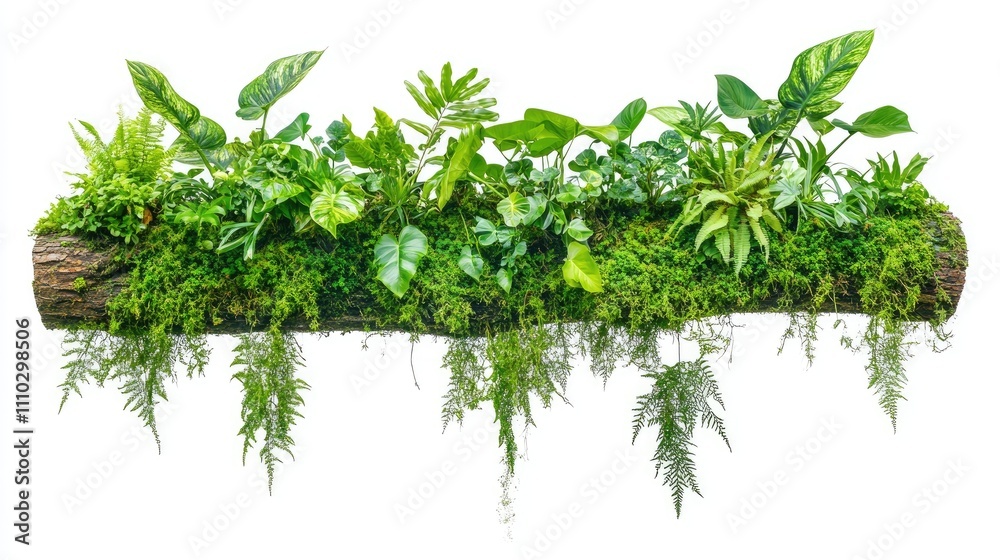 Fototapeta premium Lush tropical foliage with climbing vines ferns and moss on a tree trunk isolated on white showcasing vibrant tropical biodiversity