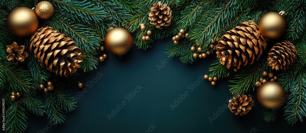 Elegant holiday decorations with golden pine cones and ornaments on lush green foliage for seasonal celebrations and festive design concepts Elegant holiday decorations with golden pine cones and ornaments on lush green foliage for seasonal celebrations and festive design concepts