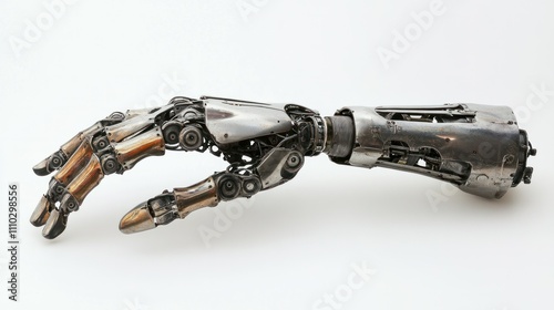 Robot hand with flexible joints, index finger extended, detailed metallic texture, plain white background