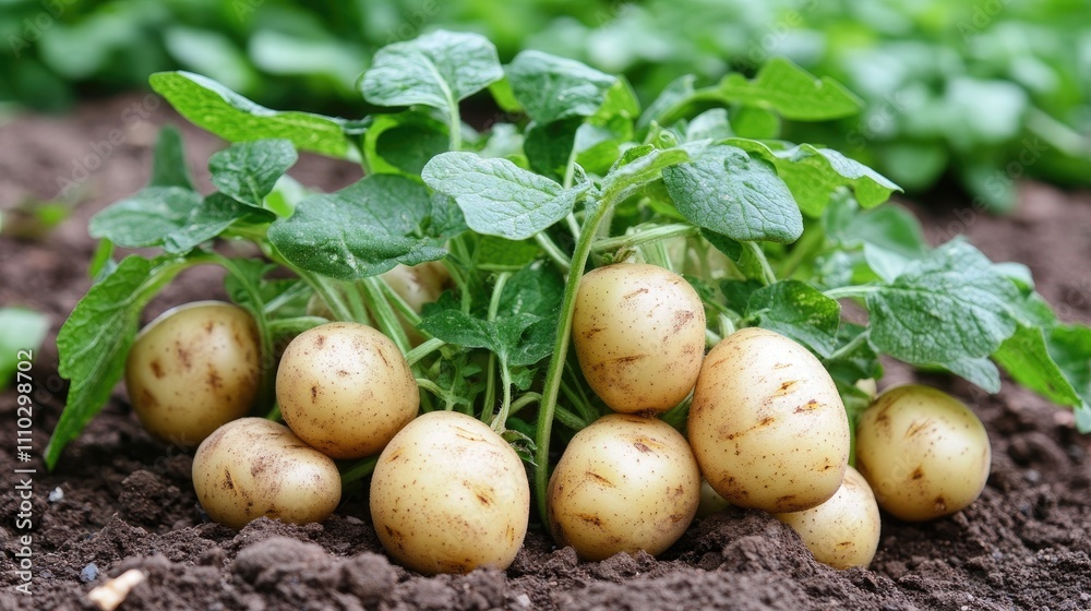 Potato plants with fresh tubers growing in fertile soil on an agricultural field ready for harvest Potato plants with fresh tubers growing in fertile soil on an agricultural field ready for harvest