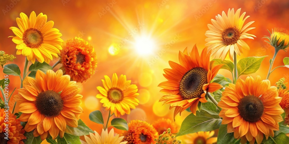 A radiant display of sunflowers bathed in golden light, showcasing vibrant hues of orange and yellow, creating a picturesque summer scene. A radiant display of sunflowers bathed in golden light, showcasing vibrant hues of orange and yellow, creating a picturesque summer scene.