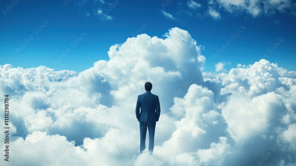 Man in Suit Standing on Clouds Against a Blue Sky Man in Suit Standing on Clouds Against a Blue Sky