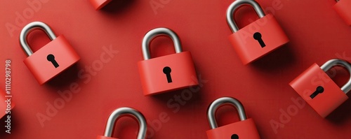 Cyber insurance and risk management concept. A series of red padlocks on a vibrant red background, symbolizing security, protection, and confidentiality.