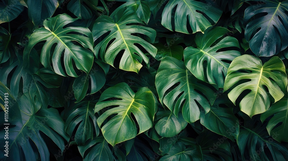 Monstera leaves in lush green arrangement on a dark background showcasing tropical botanical beauty and natural elegance