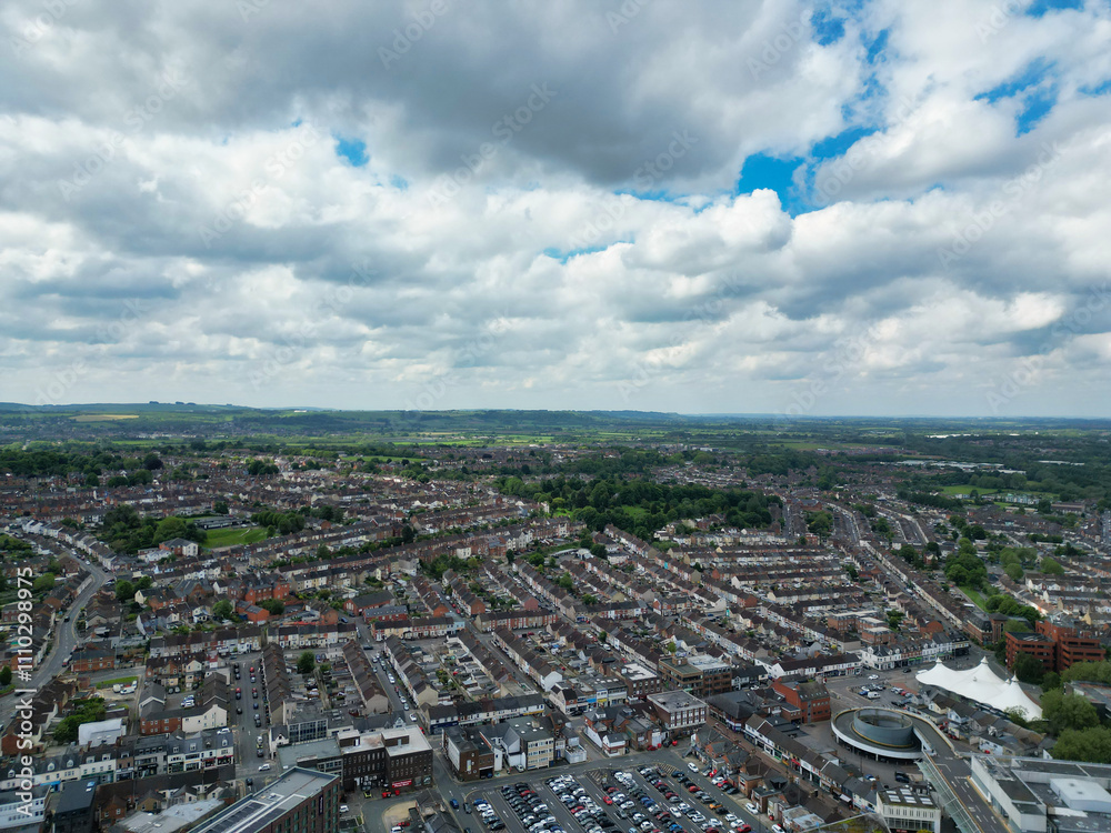High Angle View of Historical Swindon City of Southwest England United Kingdom. Aerial Footage Was Captured With Drone's Camera During Sunset Time on May 27th, 2024 from Medium High Altitude. High Angle View of Historical Swindon City of Southwest England United Kingdom. Aerial Footage Was Captured With Drone's Camera During Sunset Time on May 27th, 2024 from Medium High Altitude.