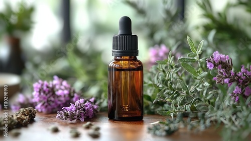 Tea tree essential oil dropper bottle surrounded by herbs and flowers on a wooden surface creating a natural cosmetic background