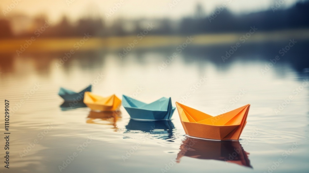 Different colored paper boats sailing on a calm lake, symbolizing the journey and diversity of human experiences, minimalistic photography style Different colored paper boats sailing on a calm lake, symbolizing the journey and diversity of human experiences, minimalistic photography style