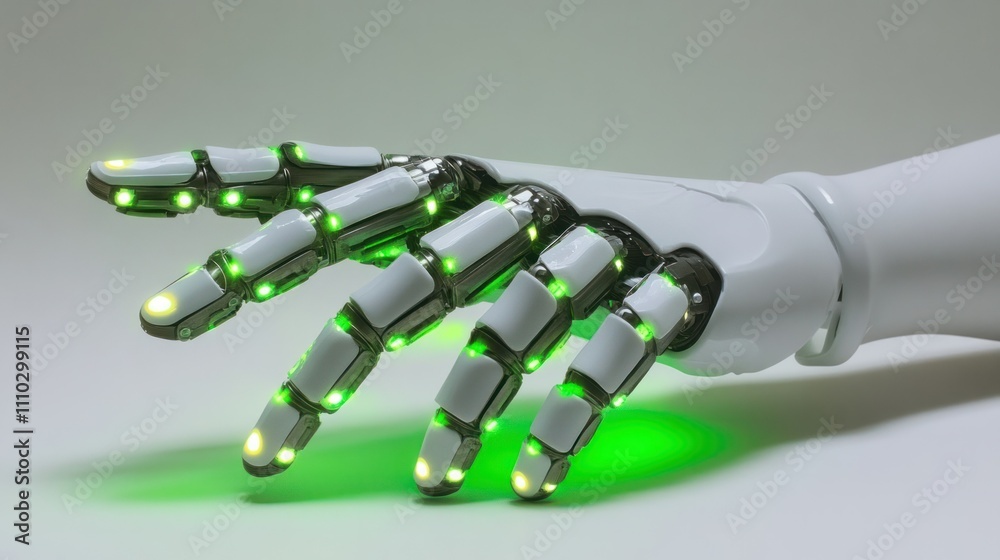 Robotic hand with neon green lights on joints, pointing motion isolated on a plain white surface Robotic hand with neon green lights on joints, pointing motion isolated on a plain white surface