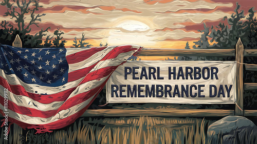 Pearl Harbor Remembrance Day Text Banner with USA Flag and Natural Elements
