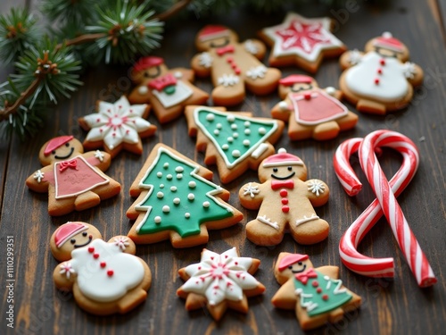 Decorated Christmas Gingerbread Cookies with Royal Icing - Festive Holiday Shapes of Trees, Snowflakes and Characters with Candy Canes on Dark Wood