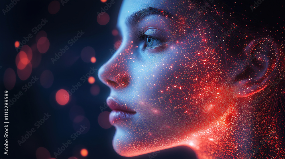 Woman with glowing particles on her face in a dark atmosphere showcasing beauty and ethereal quality. Generative AI Woman with glowing particles on her face in a dark atmosphere showcasing beauty and ethereal quality. Generative AI