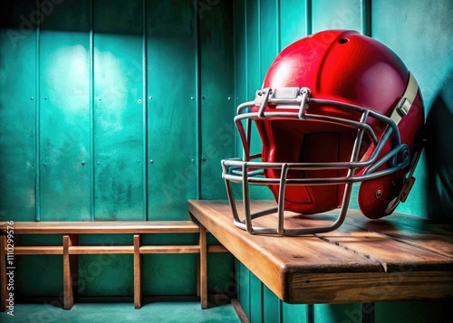 Red Football Helmet Candid Photo - Locker Room Nostalgia, American Football, Sports Photography photo