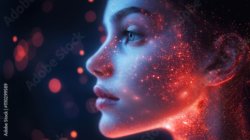 Woman with glowing particles on her face in a dark atmosphere showcasing beauty and ethereal quality. Generative AI