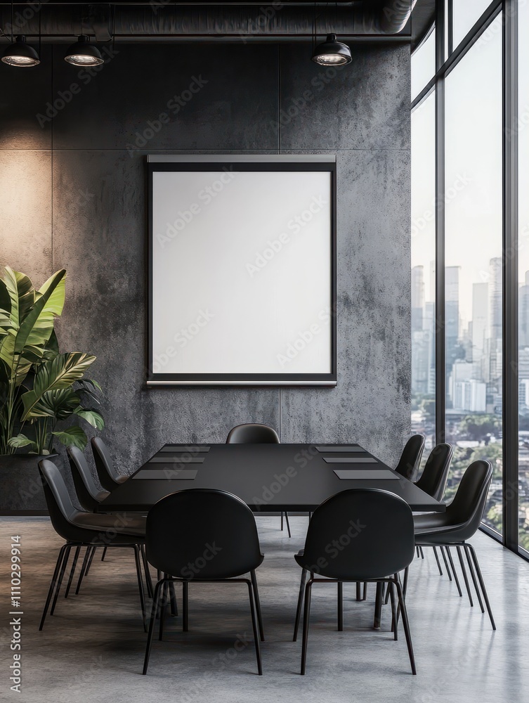 Modern designer meeting room interior with furniture, empty black mock up presentation frame and window with city view and daylight. 3D Rendering Modern designer meeting room interior with furniture, empty black mock up presentation frame and window with city view and daylight. 3D Rendering