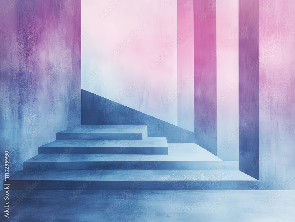 Abstract geometric staircase with pink and blue hues Abstract geometric staircase with pink and blue hues
