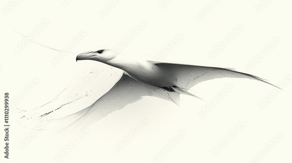 Obraz premium Monochrome illustration of a bird in flight, minimalist style, with subtle texture and motion blur.