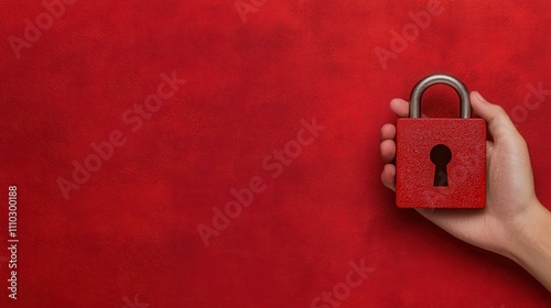 Cyber insurance and risk management concept. A hand holding a red padlock against a vibrant red background, symbolizing security, protection, and confidentiality. photo