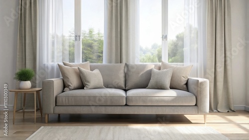 A modern living room with a plush grey sofa, plush cushions, a side table with a potted plant and a window with sheer curtains and a view of lush trees outside.