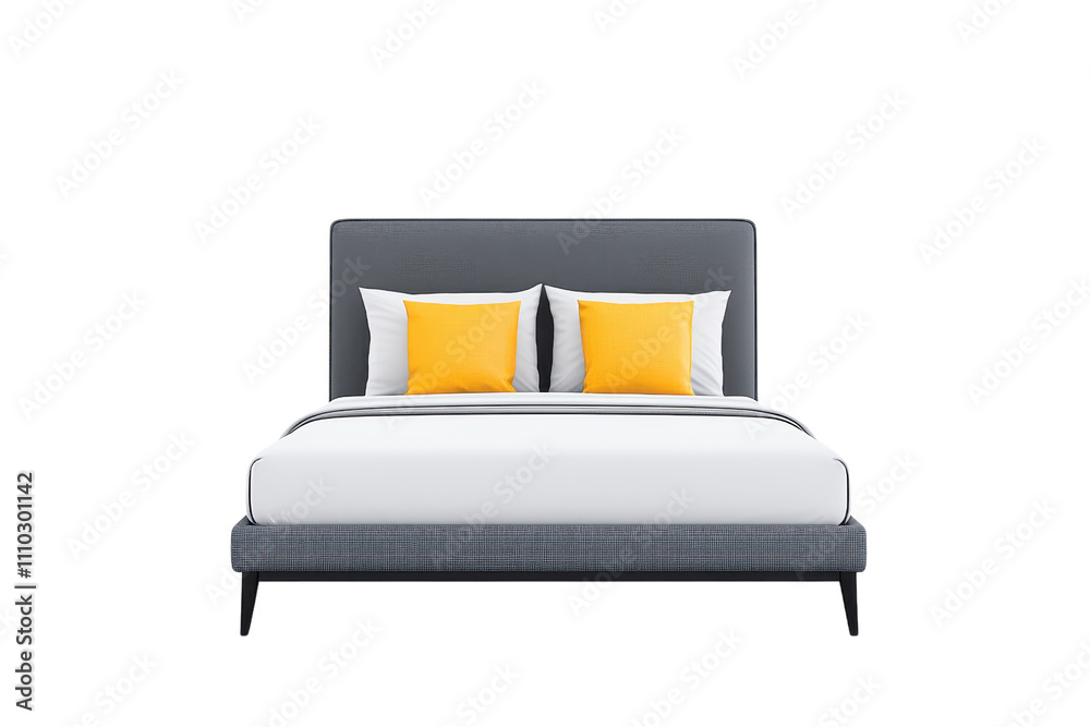 A stylish bed featuring a gray headboard and bright yellow pillows, designed for comfort and modern aesthetics. A stylish bed featuring a gray headboard and bright yellow pillows, designed for comfort and modern aesthetics.