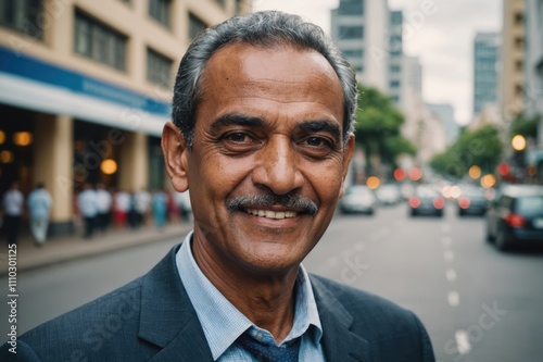 Close portrait of a smiling senior Mauritian businessman looking at the camera, Mauritian big city outdoors blurred background