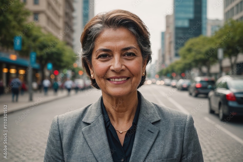 Close portrait of a smiling senior Mexican businesswoman looking at the camera, Mexican big city outdoors blurred background Close portrait of a smiling senior Mexican businesswoman looking at the camera, Mexican big city outdoors blurred background