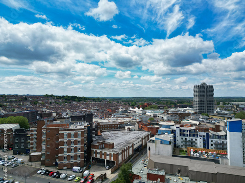 High Angle View of Historical Swindon City of Southwest England United Kingdom. Aerial Footage Was Captured With Drone's Camera During Sunset Time on May 27th, 2024 from Medium High Altitude.