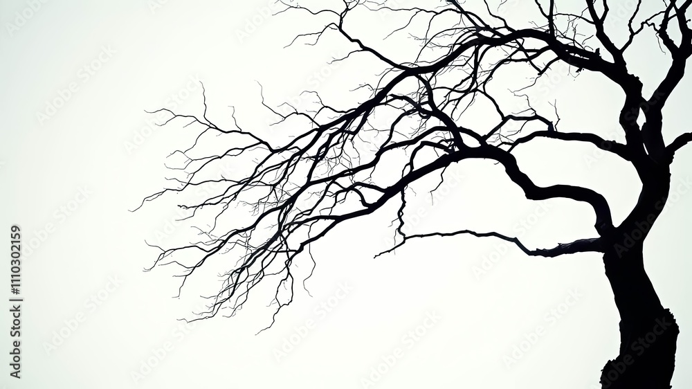 Fototapeta premium Silhouette of a leafless tree branch against a bright sky, showcasing its intricate, gnarled structure and stark beauty.