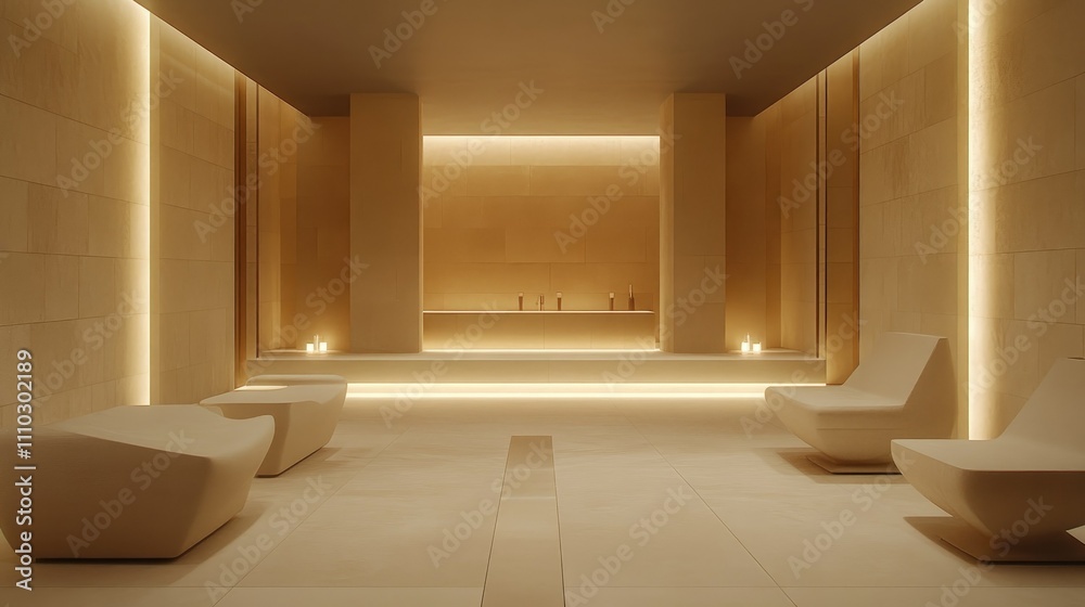 A minimalist meeting space with sleek beige stone tables, ergonomic chairs, and ambient lighting creating a professional yet serene atmosphere A minimalist meeting space with sleek beige stone tables, ergonomic chairs, and ambient lighting creating a professional yet serene atmosphere