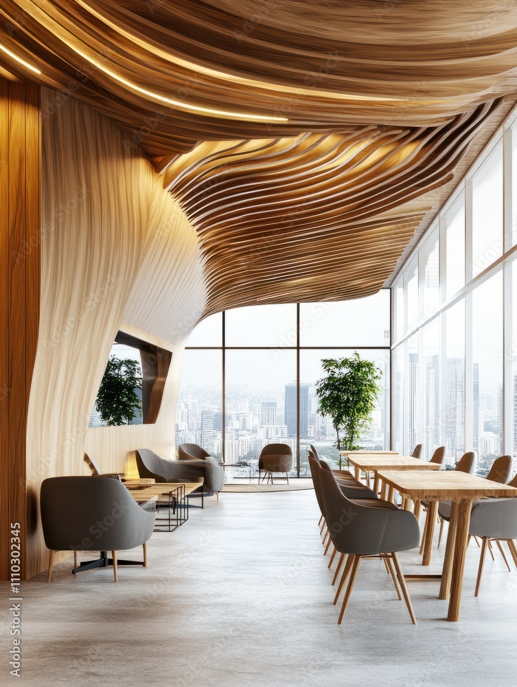 Fototapeta premium Openspace office interior design with wooden wall and tables, waiting area, tails floor and big window with city view. 3D rendering