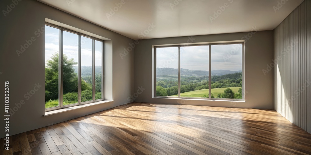 Fototapeta premium Sunlight streams through large windows overlooking a scenic landscape, illuminating a room with hardwood floors and a minimalist design.