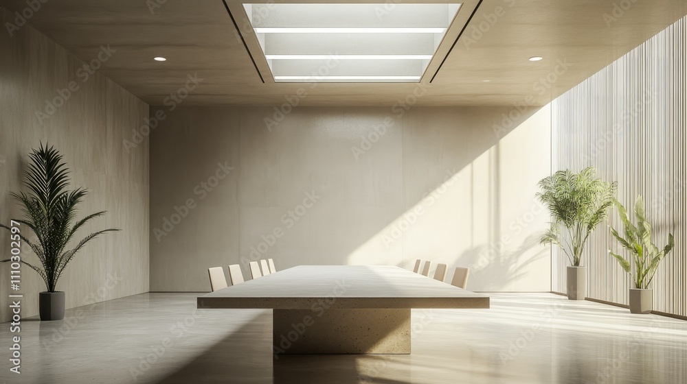 Fototapeta premium Minimalist office meeting room featuring a central beige stone-finished table, subtle decor, and soft daylight illuminating the space