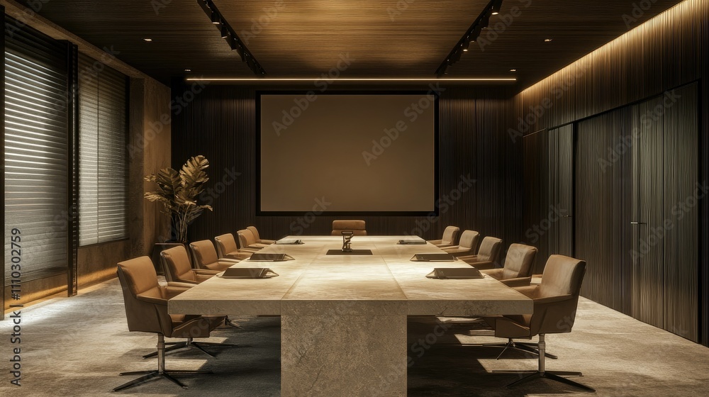 Professional meeting space with neutral-toned stone-finished tables, comfortable chairs, and a large screen for presentations Professional meeting space with neutral-toned stone-finished tables, comfortable chairs, and a large screen for presentations