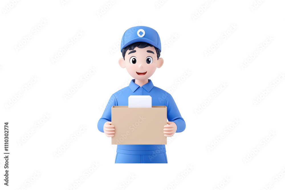 A cheerful cartoon delivery person holds a cardboard box, wearing a blue uniform and cap, ready to deliver a package. A cheerful cartoon delivery person holds a cardboard box, wearing a blue uniform and cap, ready to deliver a package.