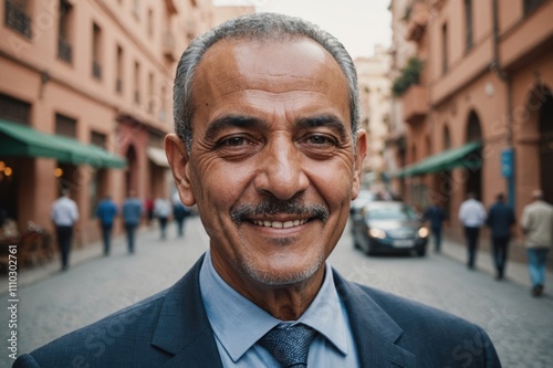 Close portrait of a smiling senior Moroccan businessman looking at the camera, Moroccan big city outdoors blurred background