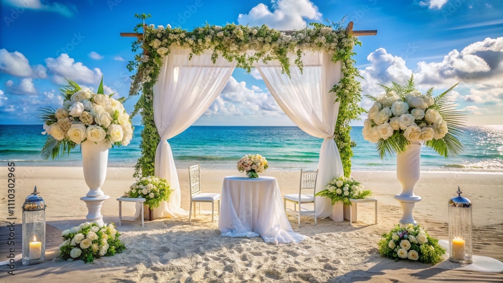 Elegant Beach Outdoor Wedding Decoration with Floral Arrangements in White Theme, Perfect for Romantic Ceremonies, Featuring Aisle, Arch, and Centerpieces Amidst Scenic Coastal Views Elegant Beach Outdoor Wedding Decoration with Floral Arrangements in White Theme, Perfect for Romantic Ceremonies, Featuring Aisle, Arch, and Centerpieces Amidst Scenic Coastal Views
