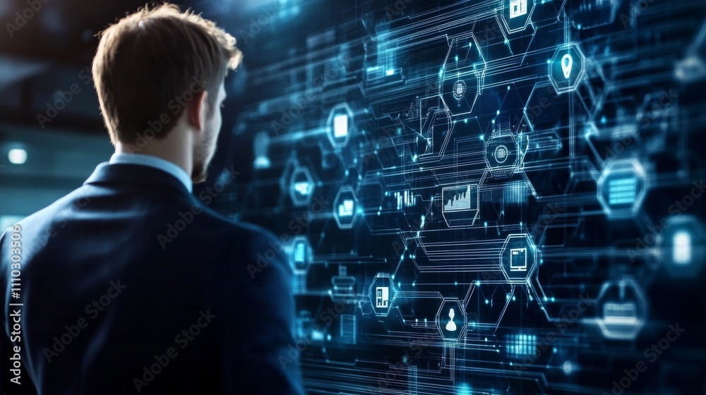 Man suit standing front large screen network diagram abstract business hierarchy structure Man suit standing front large screen network diagram abstract business hierarchy structure