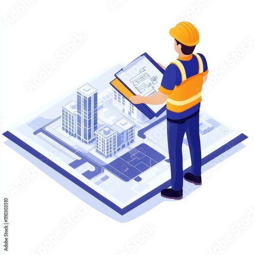 Engineer reviewing building blueprints.