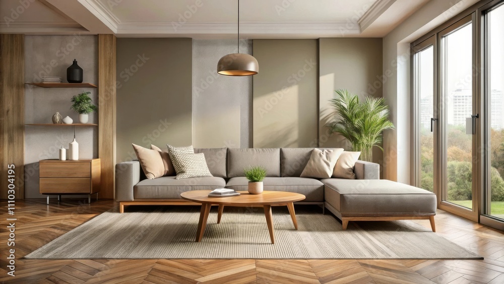 Fototapeta premium Modern living room with a sectional sofa, a coffee table, a rug, and a plant in a pot, overlooking a cityscape through large windows