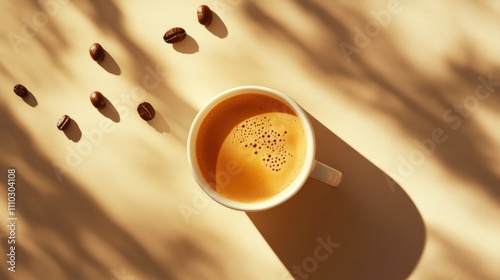 Espresso cup with coffee beans in sunlight.