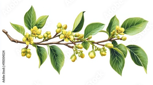 Digital illustration branch tree green leaves small yellow boswellia serrata plant botanical photo