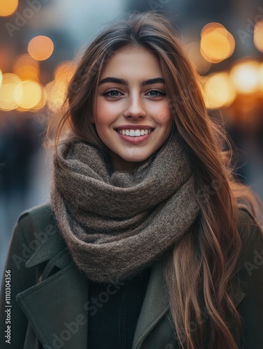 Portrait of happy woman on city street looking at camera. Beautiful girl standing outdoors in winter evening with a toothy smile. Cheerful university student wearing coat with woolen scarf at dusk. photo